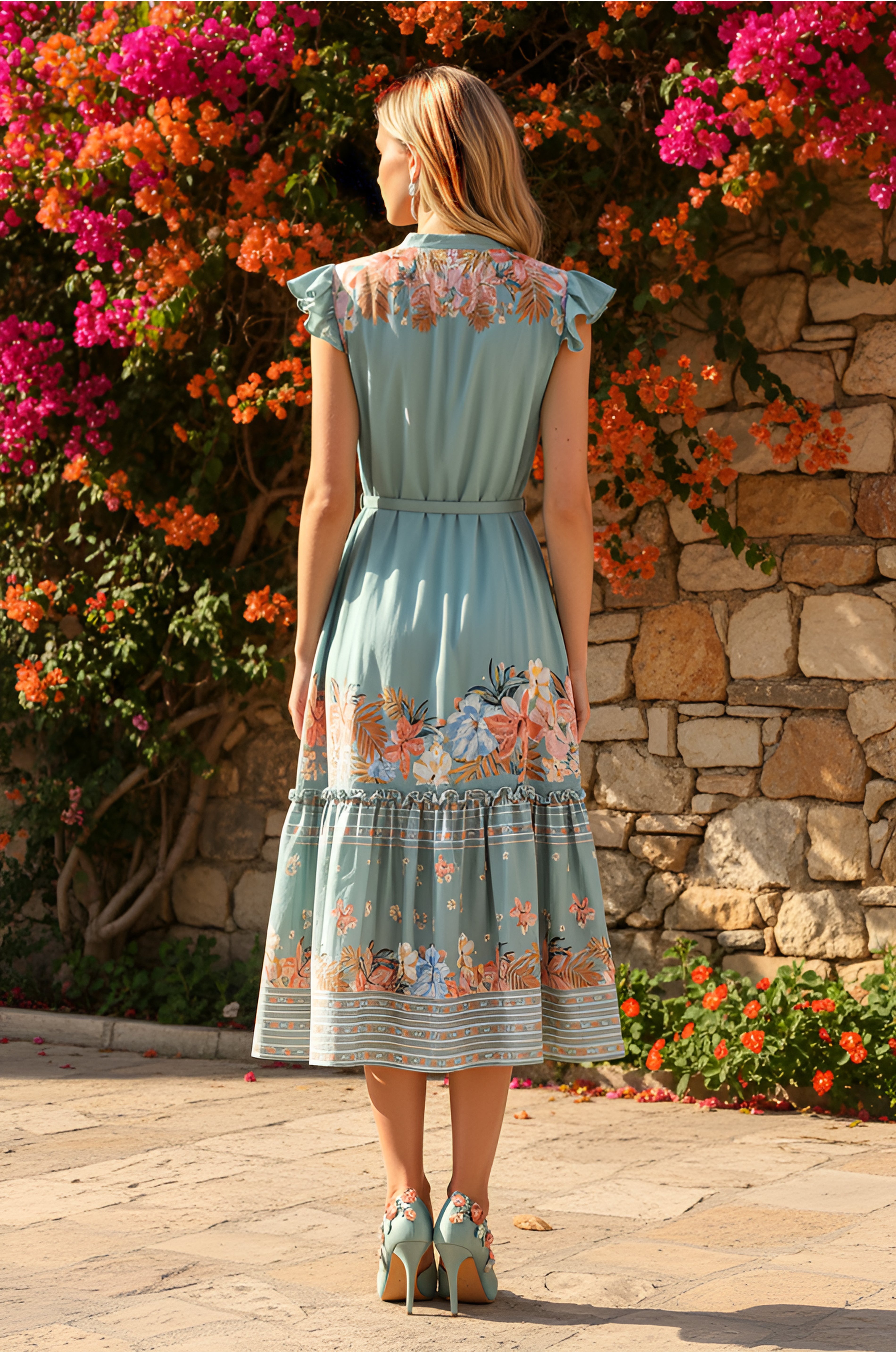 A woman stands outdoors with her back to the camera, in front of flowers and a stone wall, wearing the Ava Dusty Teal Floral Casual Midi Dress with a belted waist and matching shoes.